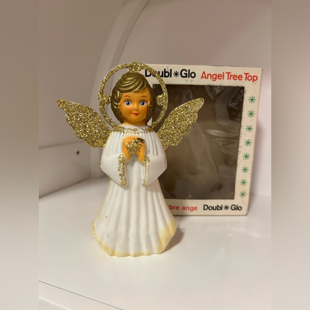 Vintage Doubl Glo plastic Gold and White Angel Tree Topper Christmas festive